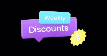 Wall Mural - Weekly discount sale shopping special offer 3d icon animation loop with alpha channel. Seasonal limited clearance shop store price off advertising announce cost reduction retail market