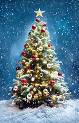vertical slow motion video of christmas tree adorned with red and gold ornaments in a snowy winter n