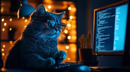 Wall Mural - Hacker works in dark room, cat wearing glasses uses computer. Concept of spy, ransomware, cyber technology, hack, funny animal, scam, fraud and crime