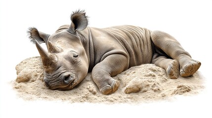 Wall Mural -  Rhino resting on sand against white backdrop