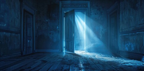 an open door with blue light rays coming through