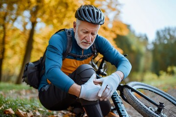 Autumn in the park, an active old man in sportswear sits next to a broken bicycle and holds his knee.