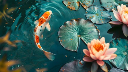 Poster - Elegant Koi Fish in Serene Lotus Pond with Vibrant Colors and Detailed Scales