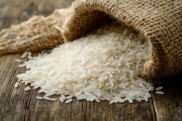 Close-up of white rice spilled from a bag on a wooden table