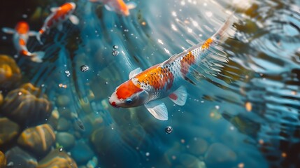 Canvas Print - Vibrant Koi Fish Swimming in Serene Rock Garden Pond with Detailed Textures