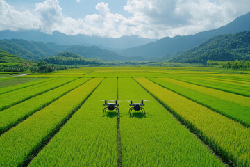 Wall Mural - Modern advanced farming practices with drones flying over rice fields and used to monitor the condition and growth of crops before harvest.