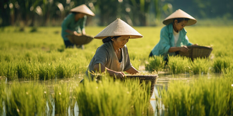 Wall Mural - Harvesting rice on rice plantations. Chinese women harvesting rice