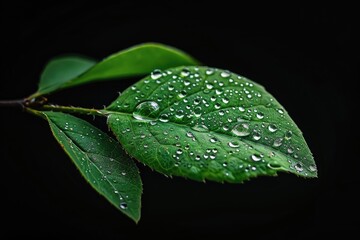 green leave with water drop on black background