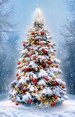 vertical slow motion video of christmas tree covered with snow ,adorned with red and gold baubles in