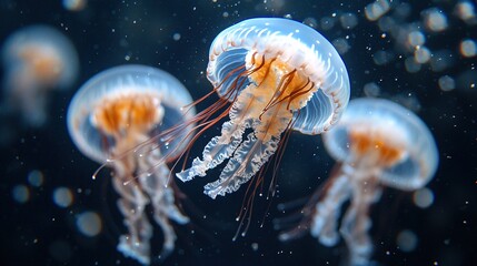 Wall Mural -   A cluster of jellyfish floating in an aquarium tank with water drops on their heads