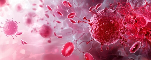 Abstract depiction of red cells and immune cells in heart vessels, representing their joint role in sustaining life