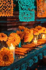 Wall Mural - Day of the Dead altar decorated with papel picado, marigold flowers, food, etc. Concept of Day of the Dead, Mexican culture and tradition, homage, and offering to ancestors.