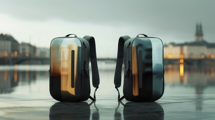 Two Stylish Backpacks by the River