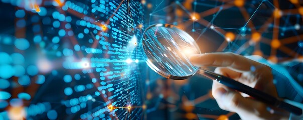 Magnifying Glass Examining Code with Network Connection.
