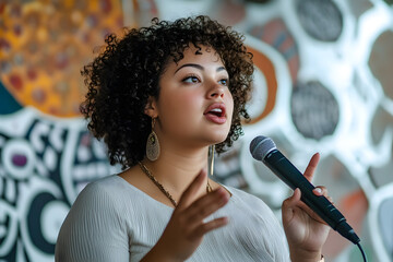 Canvas Print - Curly-haired woman speaking into a microphone against an artistic backdrop. plus-size young woman in a spoken word poetry session