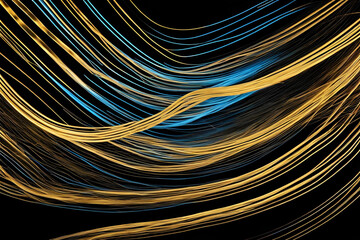 Wall Mural - Gold light and blue light on black background. Creative abstract photography with unusual pattern of dancing light or neon in chaotic multi colored lines.