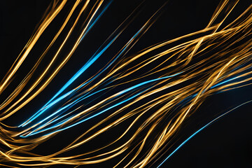 Wall Mural - Gold light and blue light on black background. Creative abstract photography with unusual pattern of dancing light or neon in chaotic multi colored lines.