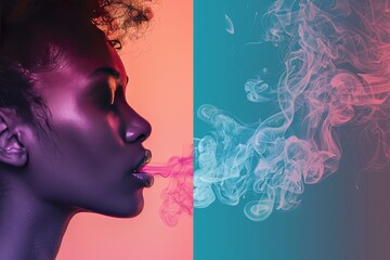 Sticker - Vibrant dual tone portrait of a woman breathing out colorful smoke in a surreal fantasy