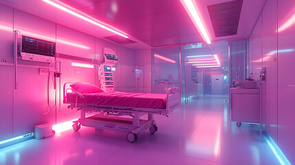 Sticker - A neon pink hospital room with a neon pink bed. The room is brightly lit and has a futuristic feel to it