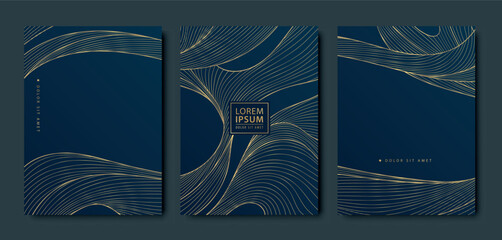 Vector set of wave sea gold on blue posters, oriental asian illustrations, luxury japan style patterns. Fancy labels