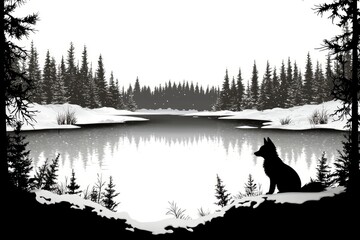 Wall Mural - Silhouette of Fox by Frozen Lake in Winter Forest