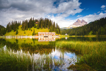 Sticker - Popular high mountain lake Misurina in the Italian Alps. Location place Tre Cime di Lavaredo, Dolomite, South Tyrol, Italy, Europe.