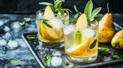 On the steel tray, a fresh and healthful mocktail or cocktail with ice, pear, and herbs. a cool beverage in the garden