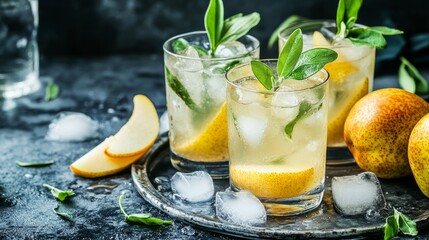 Wall Mural - On the steel tray, a fresh and healthful mocktail or cocktail with ice, pear, and herbs. a cool beverage in the garden