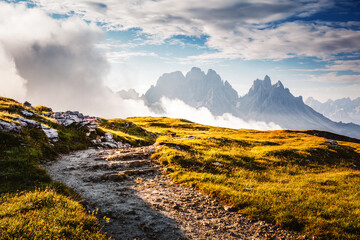 Canvas Print - Scenic surroundings of the rocky massif Cadini di Misurina. Location place Dolomites, South Tyrol, Italy, Europe.