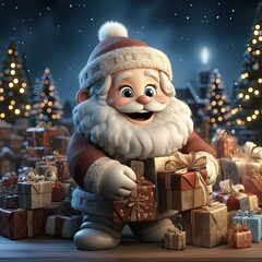 Wall Mural - Santa Claus Surrounded by Many Gifts in Isolated Character Design