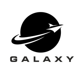 Wall Mural - spaceship, space rocket icon. isolated vector black and white emblem with shuttle on planet orbit. l