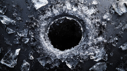 Wall Mural - A round hole in the ice on a black background, with shards of crushed ice spreading away from the center. The image captures the contrast between the smooth, clear ice and the dark background, 