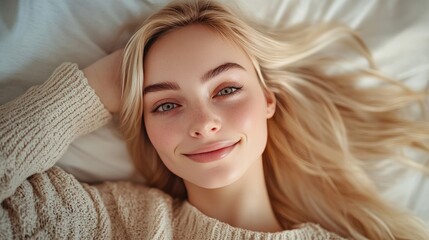 a picture of a young, seductive woman curled up in bed. Beautiful blonde with a gentle smile, calmly facing the camera. Beautiful woman posing in a studio. background blur