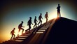 © Saranpong - Silhouettes of people climbing stairs towards success, with sunlight breaking through, depicting progress and leadership.