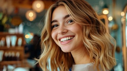 Wall Mural - A woman with freshly styled hair smiling at her reflection, highlighting client happiness