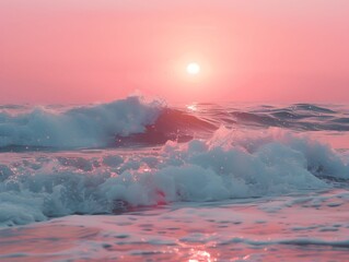 Wall Mural - Sunset over the ocean with gentle waves and pink sky at a beach location