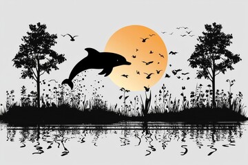 Wall Mural - Silhouette of a Dolphin Jumping Out of the Water at Sunset