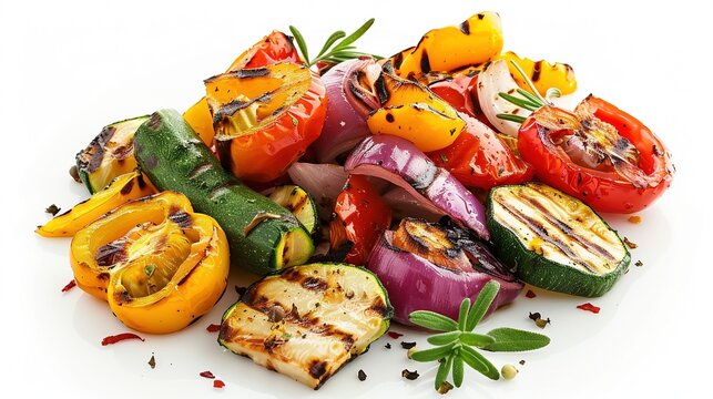 Verschiedenes gegrilltes Gemüse mit Kräutern isoliert auf weißem Hintergrund 