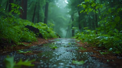 Poster - Lush Rainy Forest Path with Tranquil Flowing Stream and Verdant Foliage