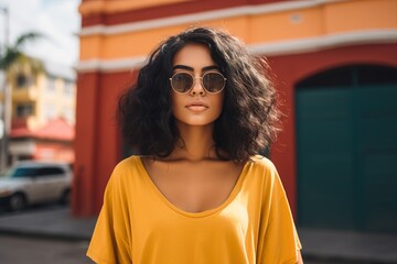 A woman with curly hair and sunglasses stands in front of a building