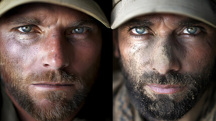 A series of close-up portraits of war correspondents, with dust and grit on their faces, captured amidst conflict zones, showing the raw reality of their work.


