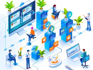 Wall Mural - isometric illustration of business people working on a network.