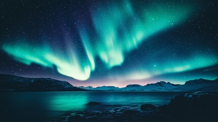 A breathtaking view of the northern lights dancing across the night sky. The shimmering green and purple auroras create a dazzling and ethereal display in the dark, star-filled sky.