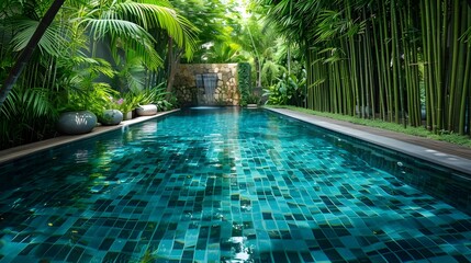 Poster - Serene Tropical Pool Oasis with Lush Bamboo Surroundings for Relaxation and Rejuvenation