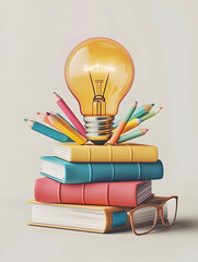 Wall Mural - 3D Flat Icon School Supplies: Books and Lightbulb Concept Symbolizing Innovation in Education on White Background