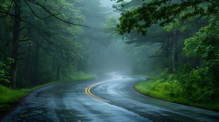 Wall Mural - Winding Countryside Road Through Lush Misty Forest Landscape