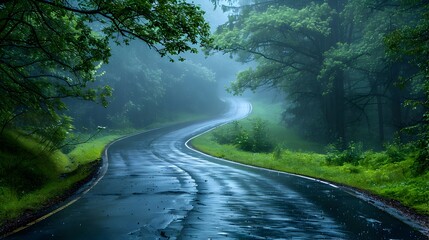 Wall Mural - Winding Rainy Countryside Road Through Lush Misty Greenery and Peaceful Atmosphere