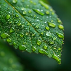 Poster - Vibrant Raindrops on Lush Green Leaf Delicate Nature s Patterns