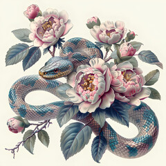 Snake object old botanical vintage style with white isolated background design