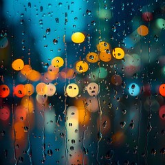 Canvas Print - Moody Rainy Cityscape Through Blurred Windshield With Detailed Water Droplets